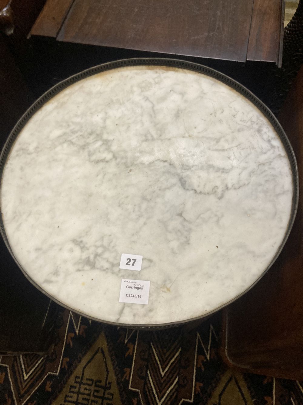 A French circular marble top table, diameter 48cm height 74cm (a.f.)